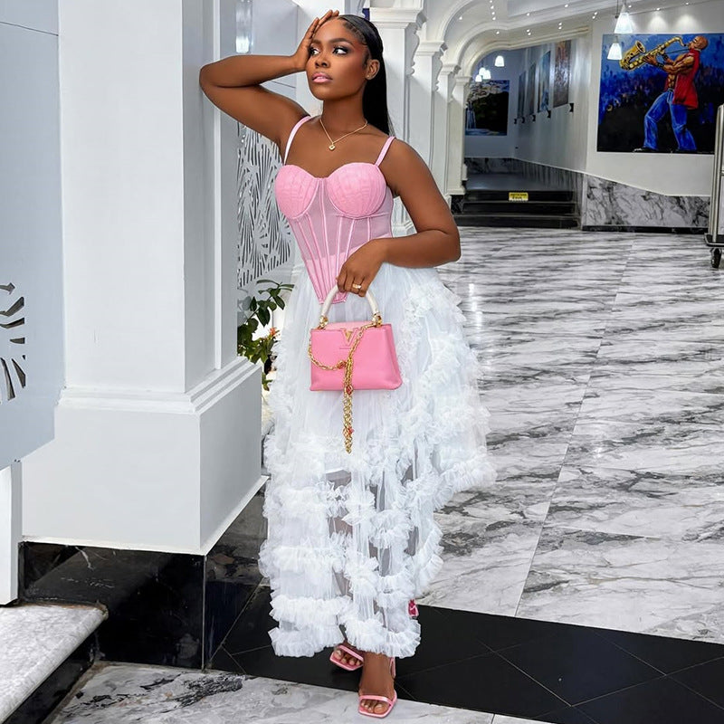 European and american cross-border women's fashion  summer new arrival: elegant pink camisole top with asymmetrical tiered skirt casual set