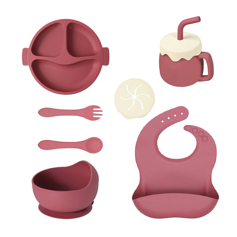 Children's Silicone Plate 7-piece Set Baby Separate Plate Feeding Bib Water Cup Fork Spoon Supplementary Food Bowl Tableware