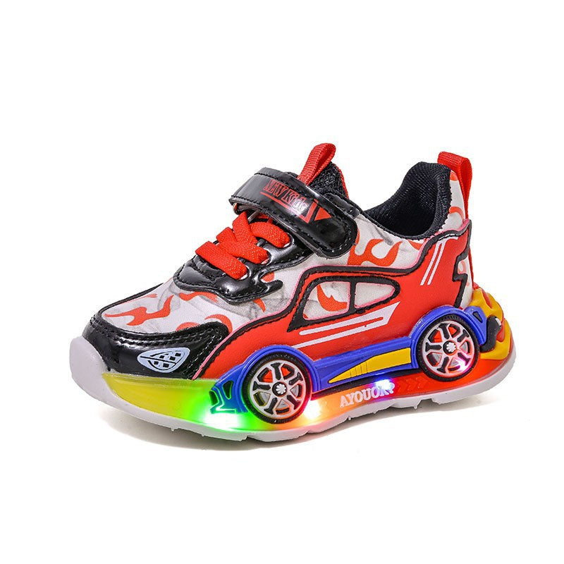 Glowing sneakers  spring/autumn new cartoon car kids' casual shoes, leather light-up shoes for young boys and girls