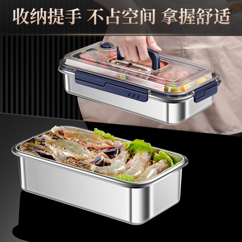 304 stainless steel handle fresh-keeping box, large capacity, portable and portable box with lid, refrigerator frozen and sealed storage box.