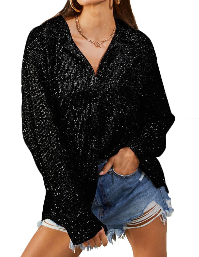 2025 autumn european and american cross-border women's fashion: new sequin long-sleeve turn-down collar casual blouse for amazon