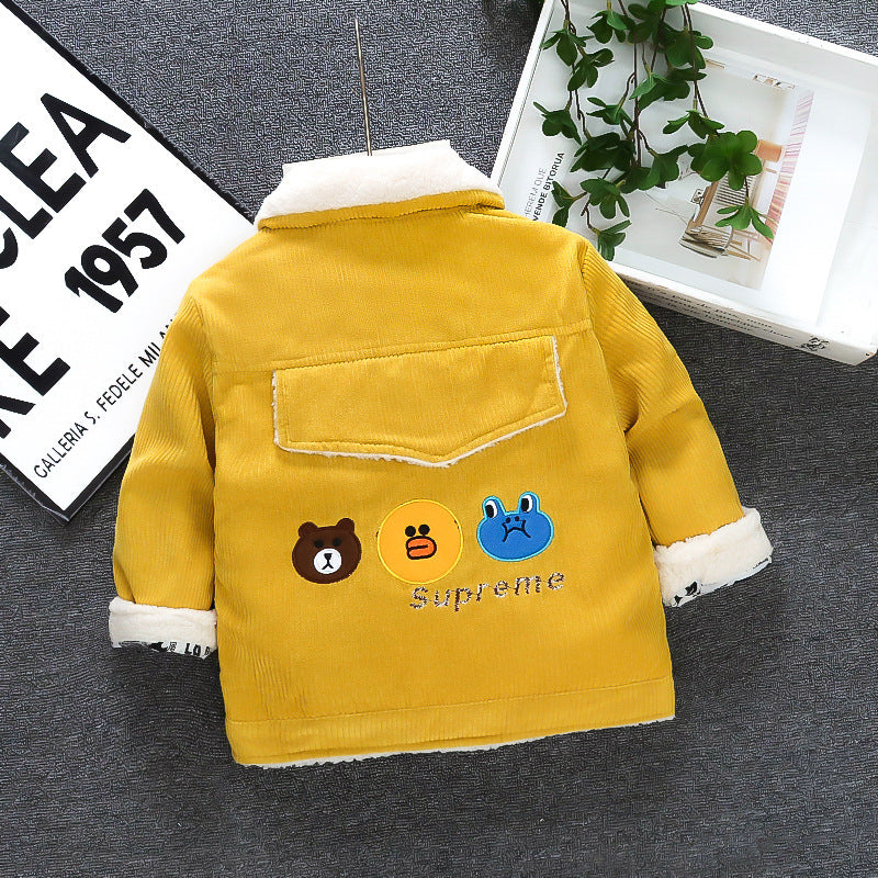 Baby thickened outerwear  new style children's fashionable fleece cotton coat infant corduroy jacket autumn and winter clothing for boys