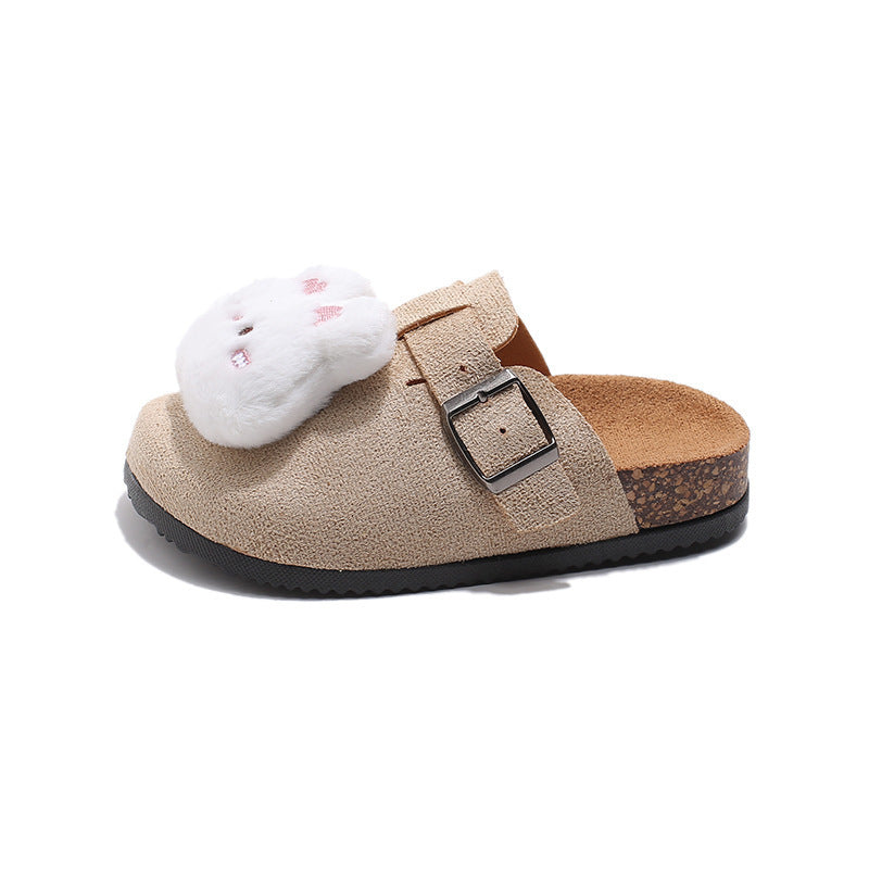 Cute and cuddly birkenstock-inspired slippers for kids, perfect for spring and autumn wear. these closed-toe, half-slippers feature a soft, comfortable sole and a slip-on design, making them ideal for lazy days