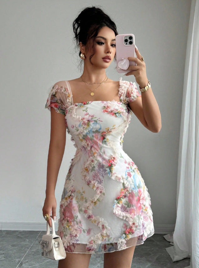 european and american cross-border 3d floral sexy elegant dress
