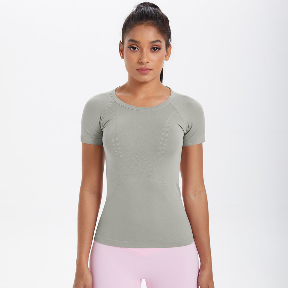 Spring/summer new one-piece knit short-sleeve crew neck sports t-shirt - running, fitness, slim-fit, breathable yoga top for women