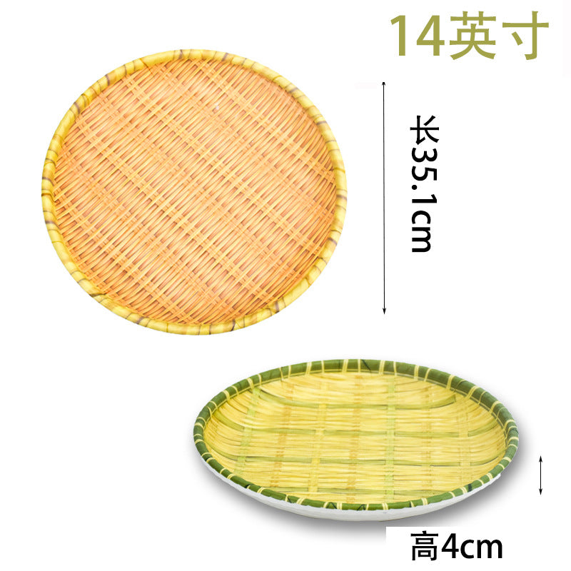 Bamboo woven disc plastic hot pot dish plate restaurant large plate barbecue plate farmhouse tableware green roast chicken plate banquet