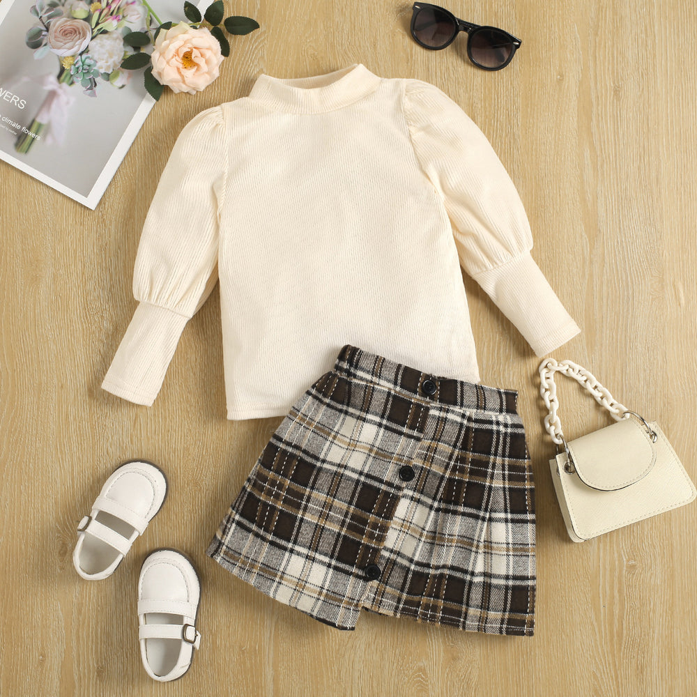 autumn cross-border exclusive: girls' long-sleeve ribbed knit top + irregular plaid mini skirt two-piece set