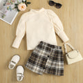 autumn cross-border exclusive: girls' long-sleeve ribbed knit top + irregular plaid mini skirt two-piece set