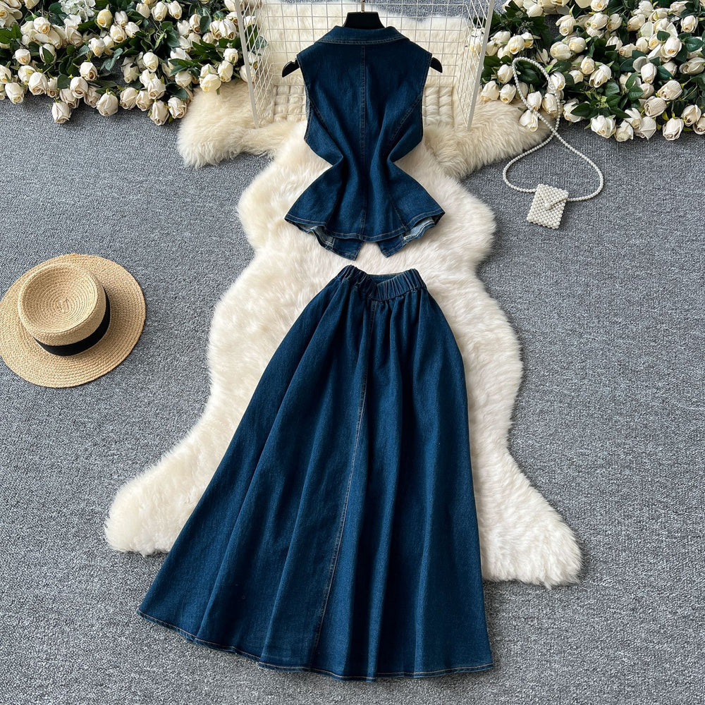 French style age-defying set for women: summer chic ruched waist sleeveless denim top with high-waisted midi skirt