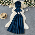 French style age-defying set for women: summer chic ruched waist sleeveless denim top with high-waisted midi skirt