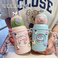 High-value 316 stainless steel food-grade cute cartoon double-drink straw water bottle gift for kids (plush toy design)