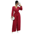 Real shot export1688fashion puff sleeve v neck tie waist pleated wide leg jumpsuit