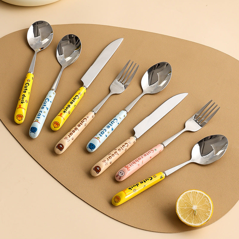 Cartoon stainless steel cutlery set: cute kids' forks with stylish ceramic handles, exquisite dessert spoons, and serving spoons