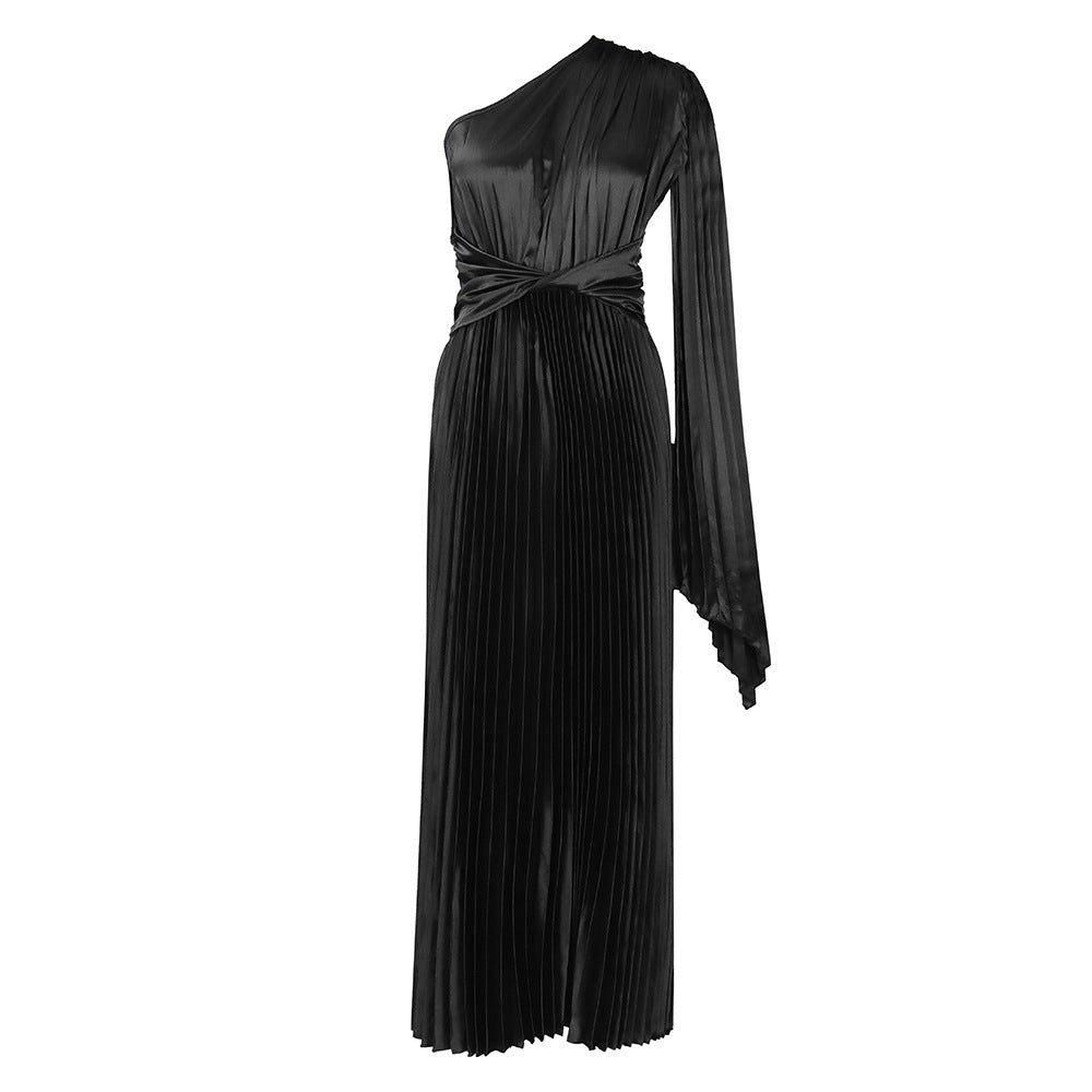 D407 independent station export women's clothing  new one-shoulder pleated long skirt oblique collar waist dress fashiondress