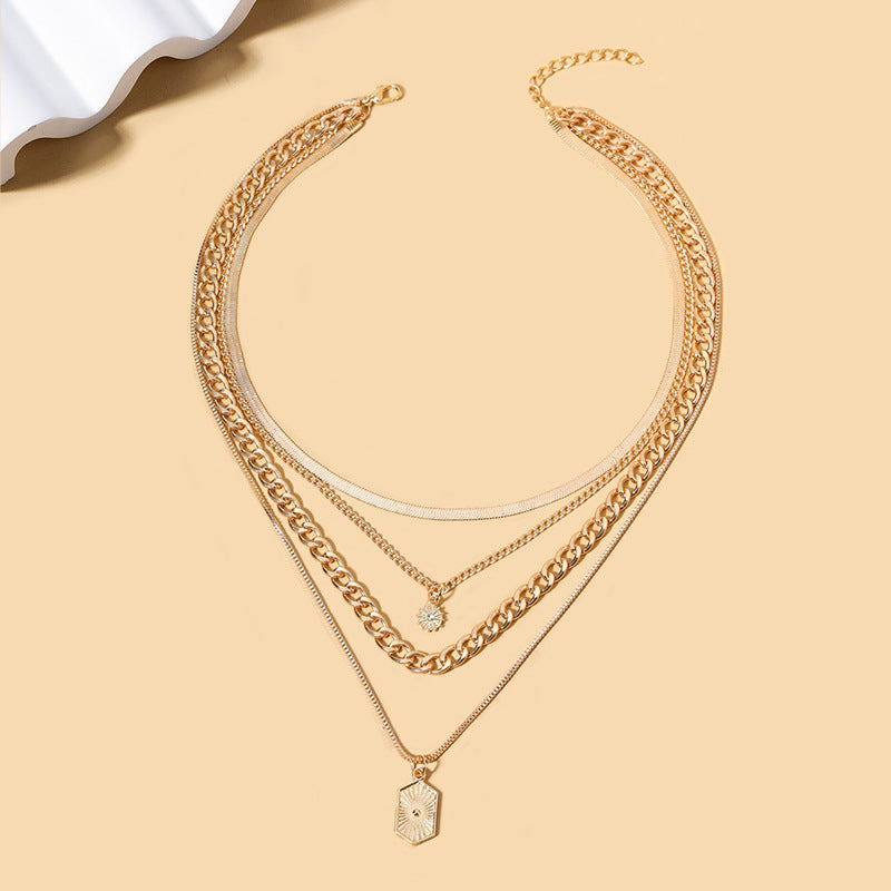 Wholesale alloy necklaces - new european and american cross-border style: minimalist diamond-studded rhombus square pendant, sun charm, multi-layer choker necklace for women
