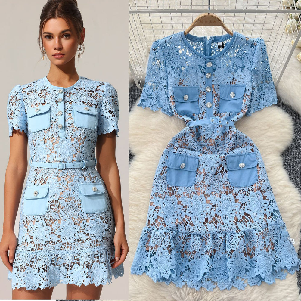 Luxury chic: women's summer midi dress - exquisite cutout embroidery, unique and elegant