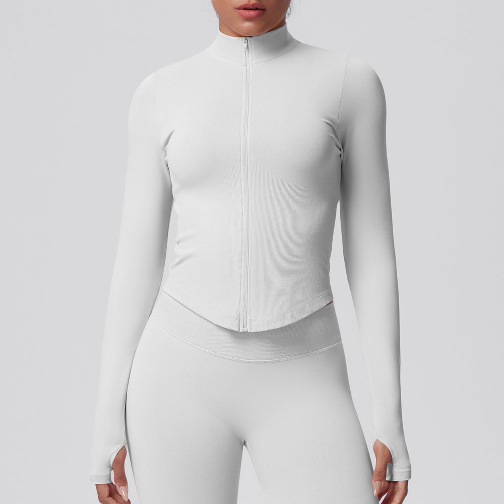 seamless pure color tight high elastic breathable stand collar zipper outwear sports running fitness yoga wear tops for women