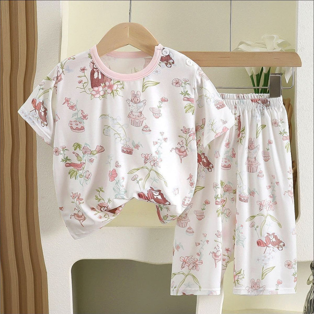 Yishimei summer new arrivalkids men's and women's small and medium-sized children's category a boneless tencel lyocell short-sleeved home clothes set