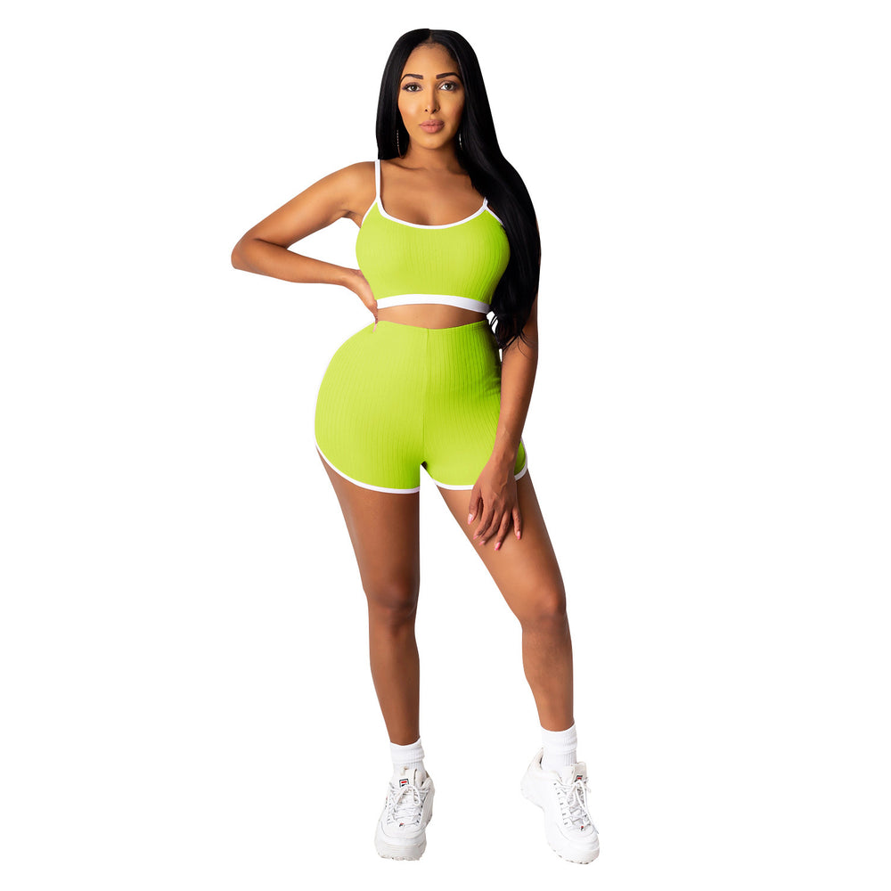 C3635 in-stock cross-border   fashion european and american women's yoga cropped tank top two-piece set