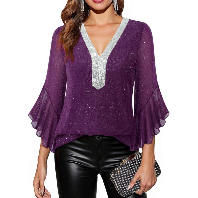 Amazon fashioneleganteleganceflowershirt women's  summer new ruffles sleeve v necktops