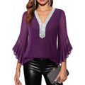 Amazon fashioneleganteleganceflowershirt women's  summer new ruffles sleeve v necktops