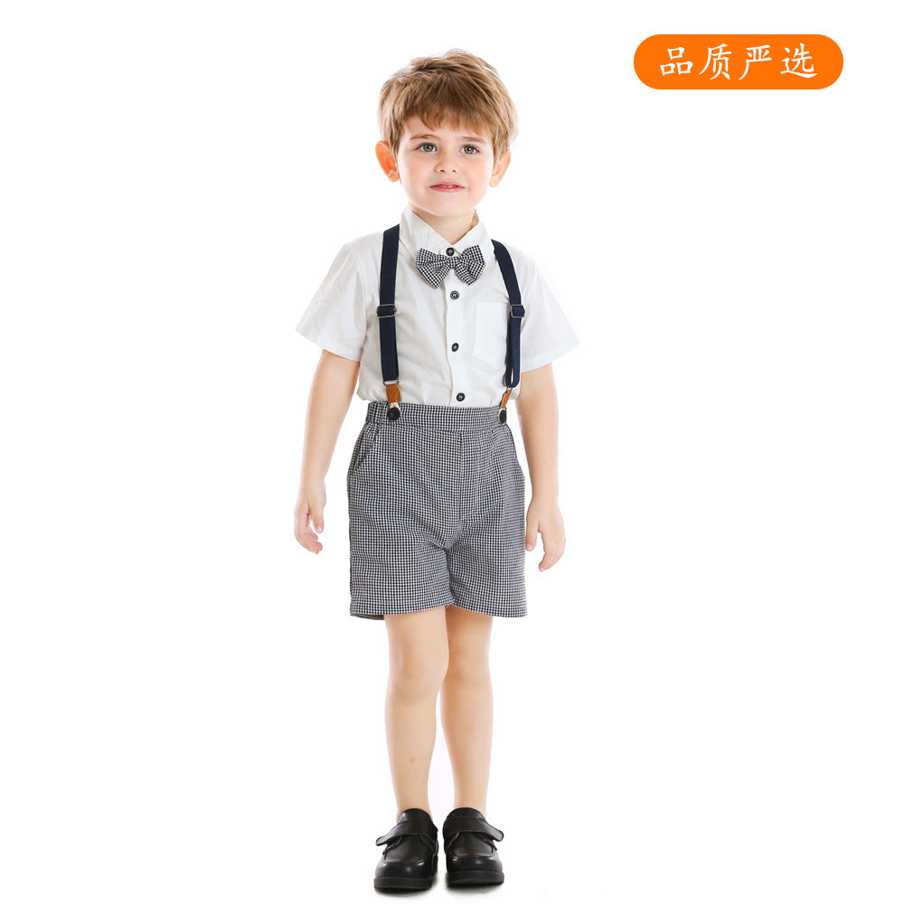 Exportnew arrivalkidssuit boys retro british short-sleeved suspenders two-piece setin stockbaby suit