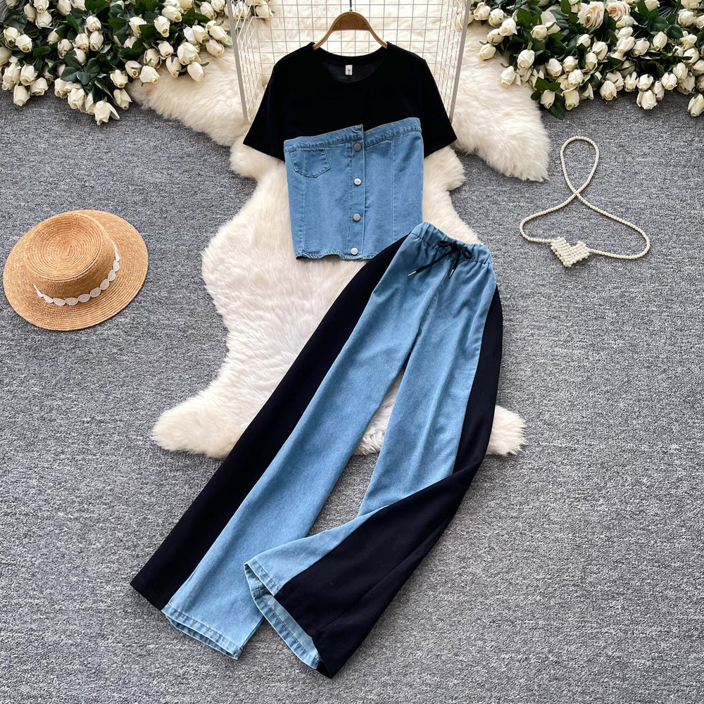 Hong kong style retropatchwork denim lazy two-piece set for women summerslimming lookhigh waistloose pantswork clothingelegantsuit