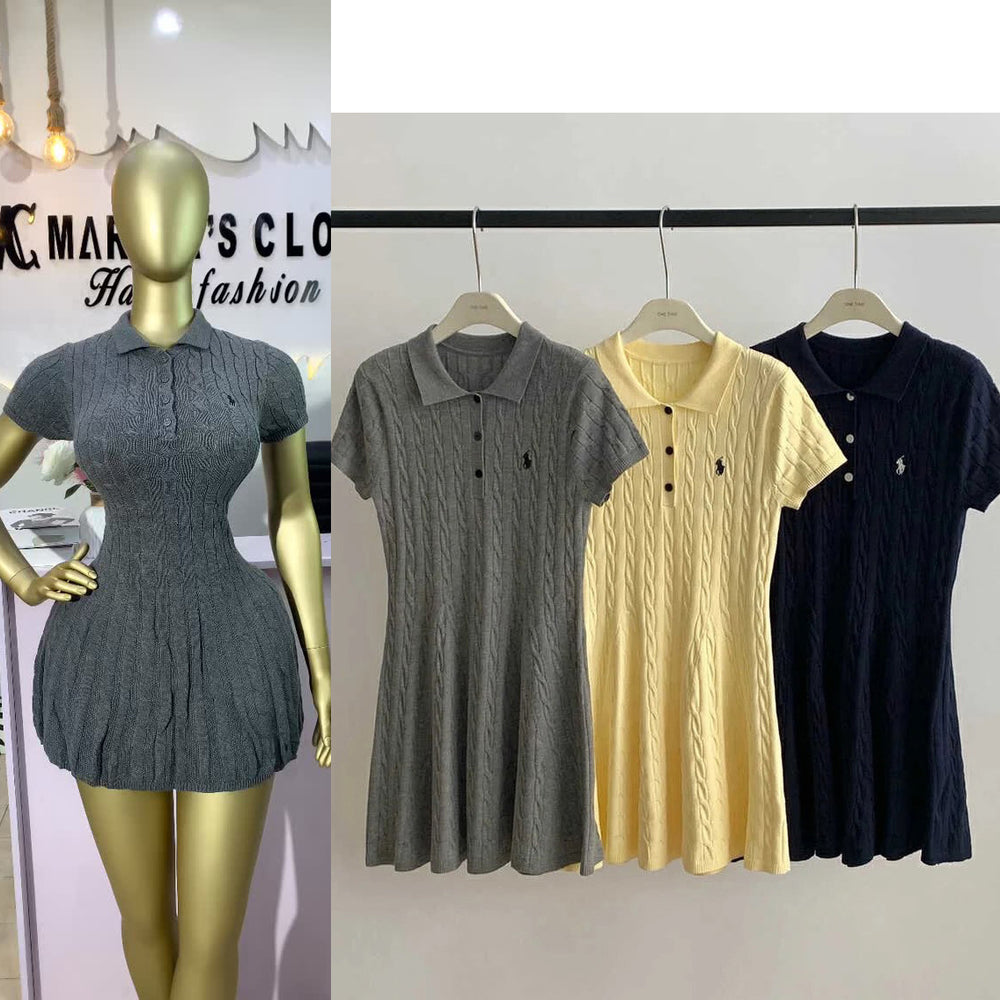 Classic export polo style preppy casual summer cable knit short sleeve knit dress skirt for women