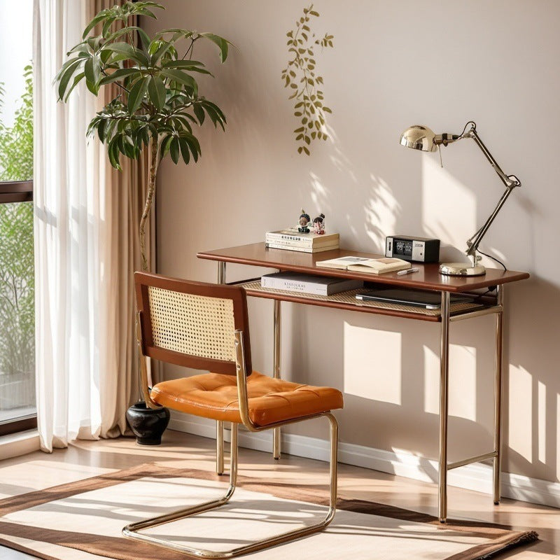 Narrow solid wood desk for study, retro home office computer desk, mid-century modern style, nordic small apartment student writing desk