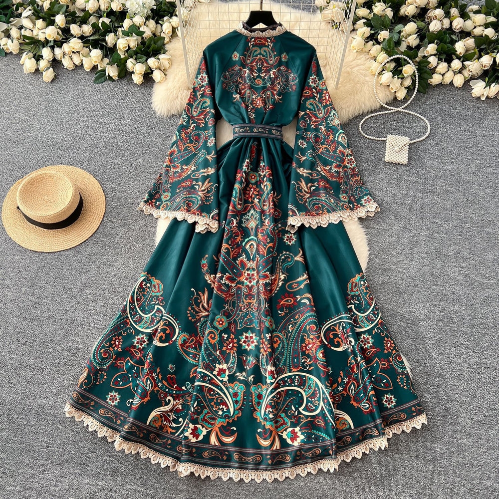 Palace style retro stand-up collar single-breasted bell sleeves long lacedress women's fashionfashionprinting long skirt