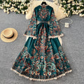 Palace style retro stand-up collar single-breasted bell sleeves long lacedress women's fashionfashionprinting long skirt