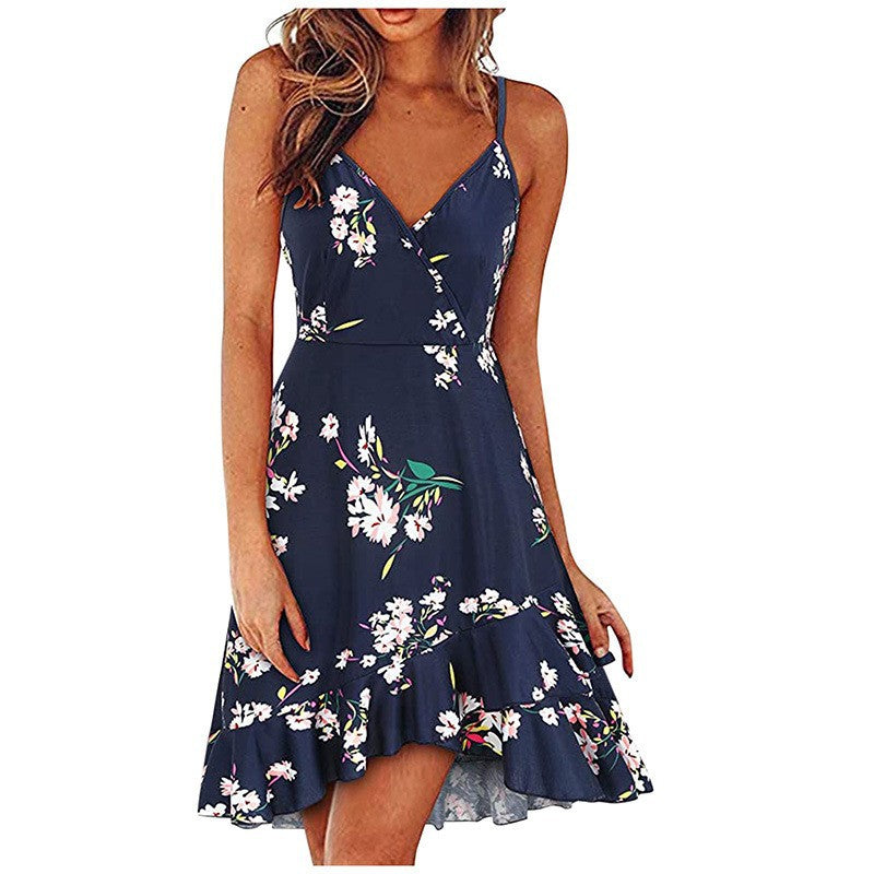 summer new european and american style sexy fashion v-neck cami dress sleeveless backless printed dress