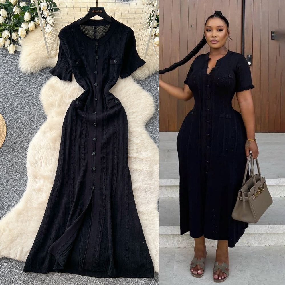 European and american style minimalist elegant knitted dress - women's summer single-breasted hollow-out slimming design - chic long dress