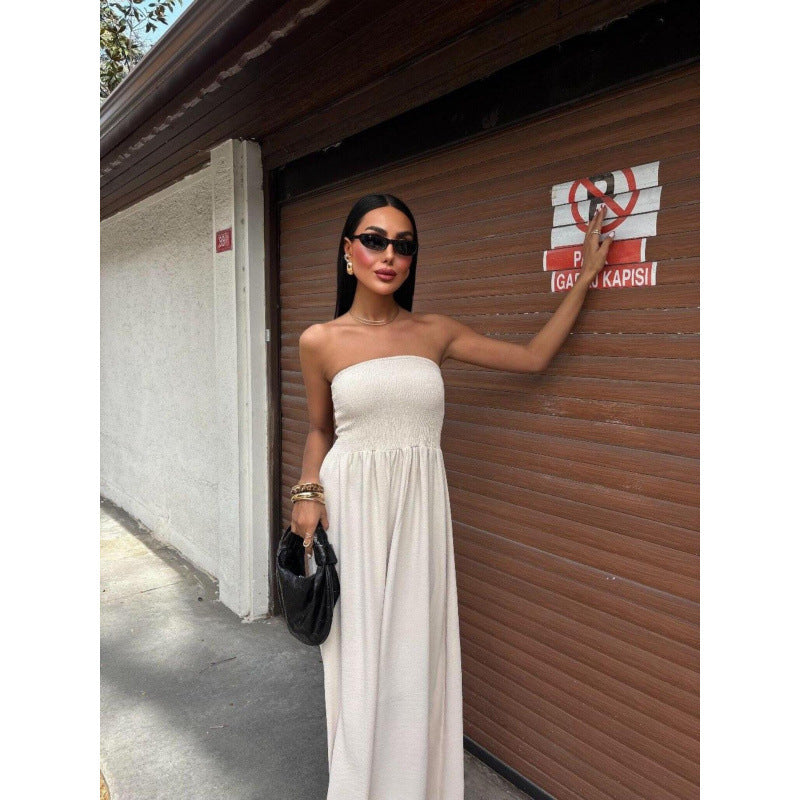 new arrival: solid color off-the-shoulder bandeau waist-defining dress