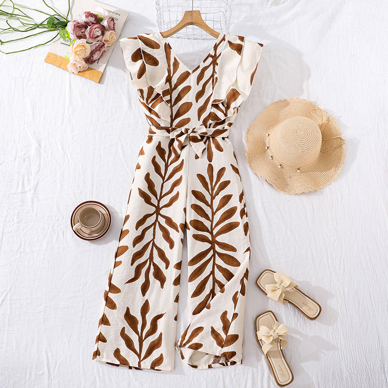Hot-selling european and american girls' clothing:  spring/summer new arrivals - cross-border elegant v-neck casual tropical leaf print jumpsuit