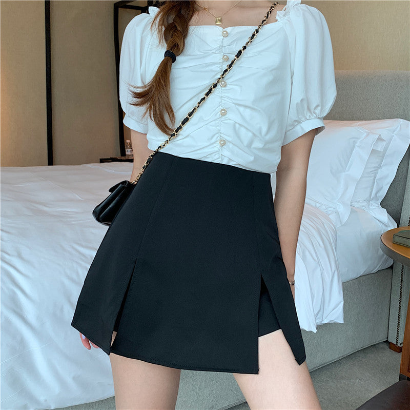 Small split-ended skirt pants on both sides, women's large size 2021 summer new versatile hip-covering skirt, high-waisted A-word short skirt