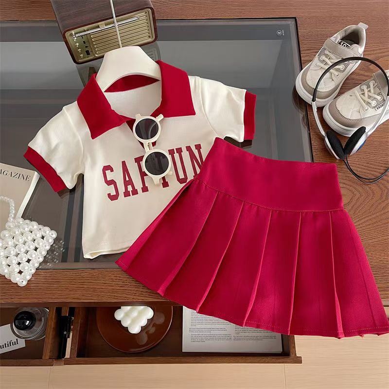 Girls' summer outfit set  new children's short-sleeve t-shirt pleated skirt two-piece set baby girl skort