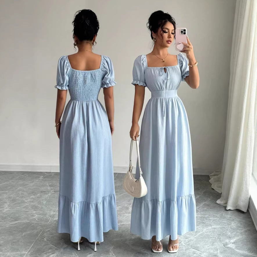 spring women's fashion: european and american fresh & elegant lace-up square neck dress - youthful, backless, ruffle sleeve french style dress