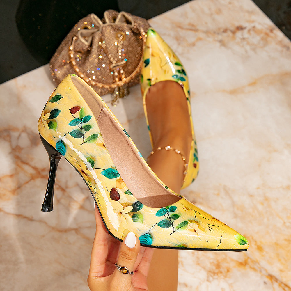 Huizhou city aliexpress women's high heels - fashionable yellow printed pointed-toe stiletto heel pumps