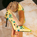 Huizhou city aliexpress women's high heels - fashionable yellow printed pointed-toe stiletto heel pumps