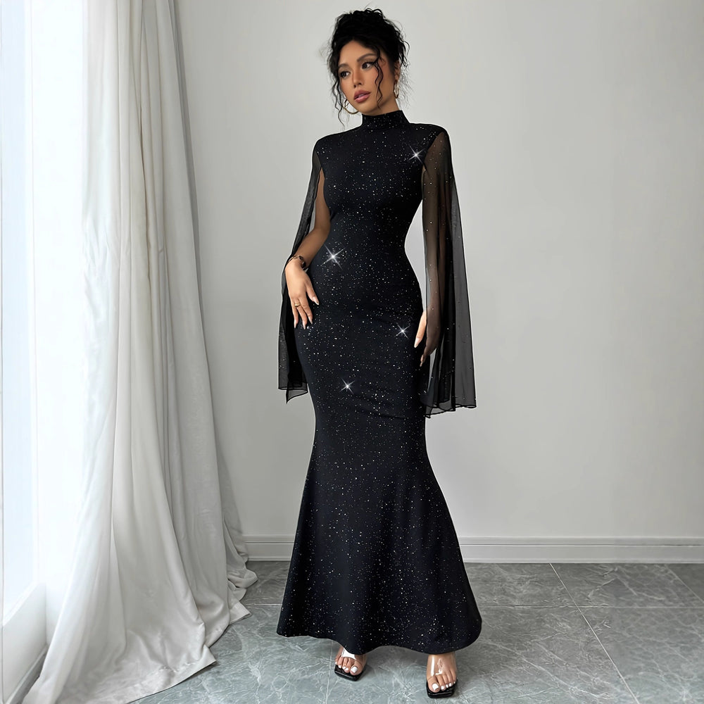 european and american women's clothing: spring/autumn stand collar sparkling cape patchwork bodycon evening gown