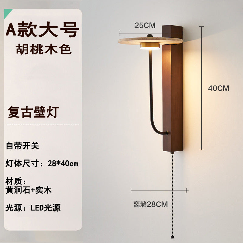 Yellow travertine walnut medieval wall lamp with its own switch, living room high-end homestay stairs, American retro bedside lamp