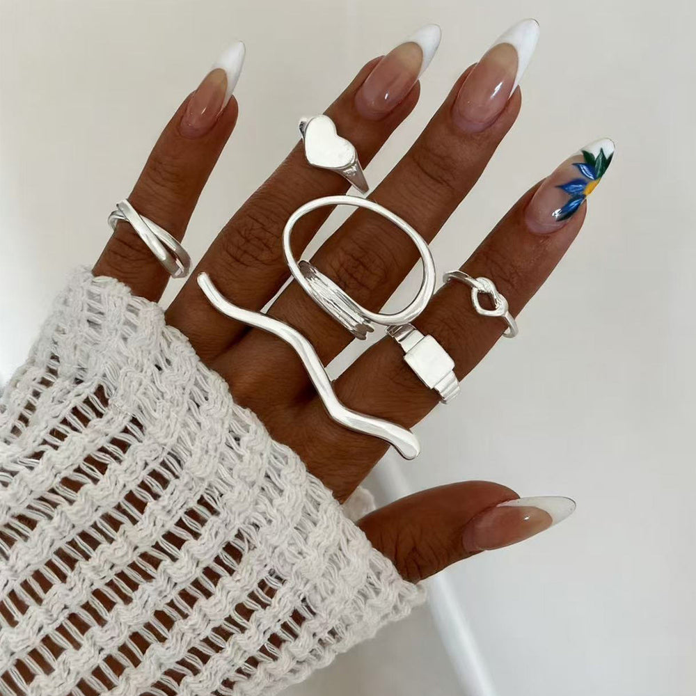 European and american cross-border jewelry: irregular geometric line ring set, minimalist heart double finger 6-piece ring wholesale