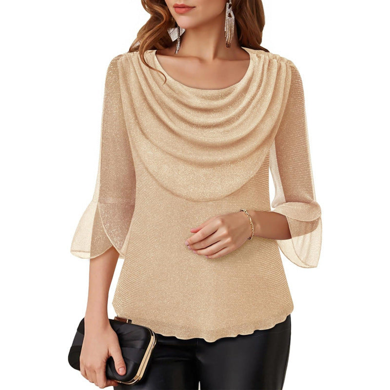 Amazon fashion retrocasual three-quarter sleeve shirt for women summernew arrival swing collar shinytops