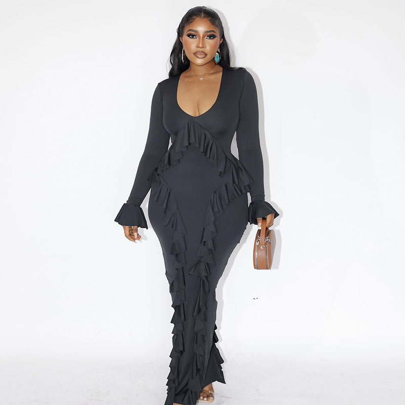 European and american women's clothing  autumn new sweet and fresh v-neck bell sleeve ruffle high-waisted slimming bodycon dress