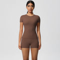 European and american nude feel tight-fitting short-sleeve t-shirt yoga outfit high-waisted butt-lifting quick-dry shorts running sports fitness set for women