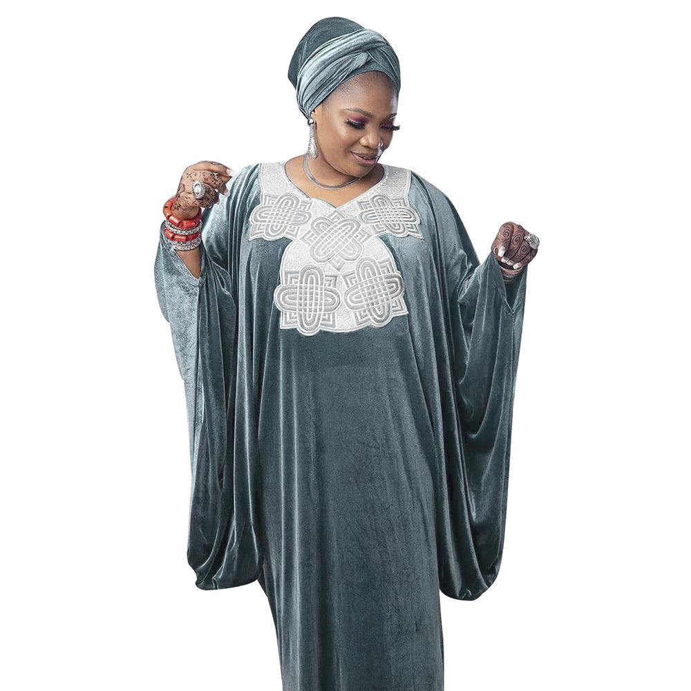 Solid color batwing sleeve velvet embroidered v-neck robe dress - cross-border sourcing, women's clothing,  new arrivals, african sourcing