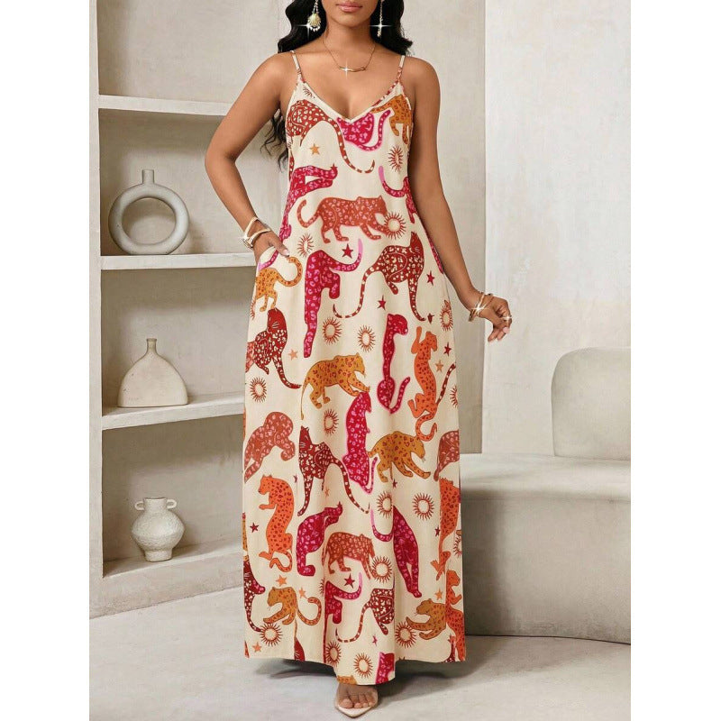 Amazon european and american bohemian style backless loose dress women's  summer new simple skirt