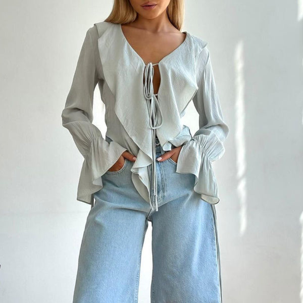 New European and American ins French lazy lace-up cardigan top autumn  women's romantic petal sleeve short shirt