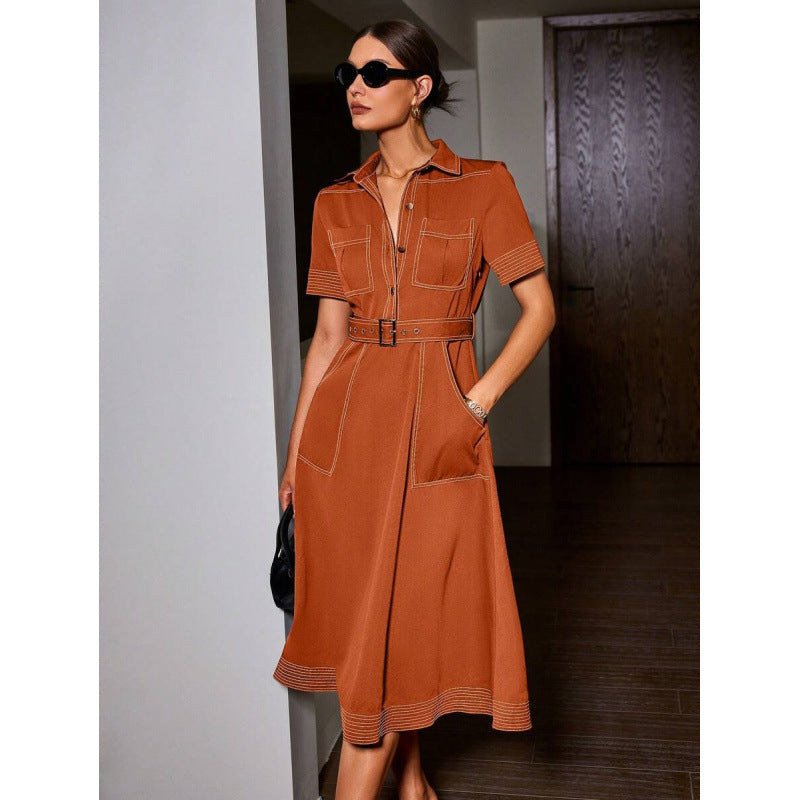 fashionautumretro lapel casualpatchwork button flap pocket pants design silm short-sleeved dress